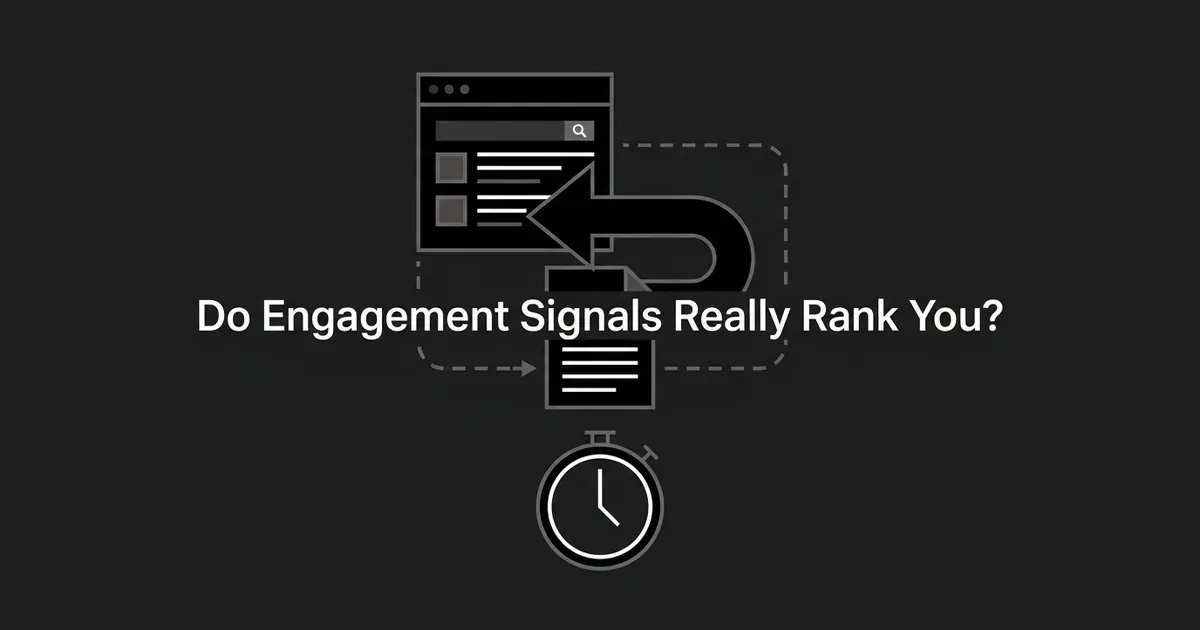A monochrome icon of a search results page connected by a looping dashed path and a stopwatch to a destination document, illustrating a visitor bouncing between a search result and a page, under the line 'Do Engagement Signals Really Rank You?'
