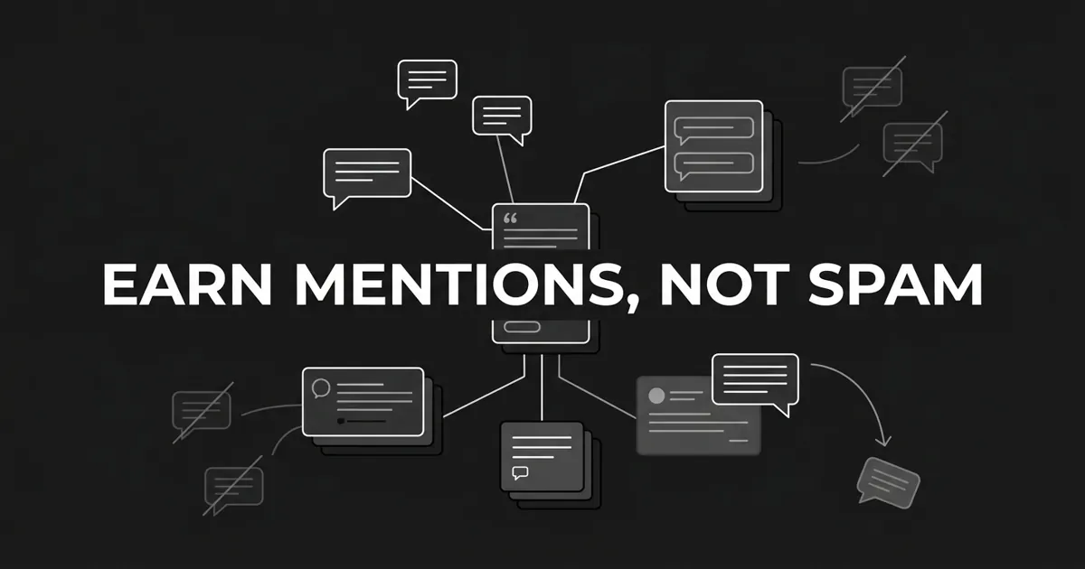 Monochrome diagram of forum and comment cards linked to a central answer card, with faint struck-through duplicate bubbles falling away at the edges, under the cover line Earn Mentions, Not Spam.