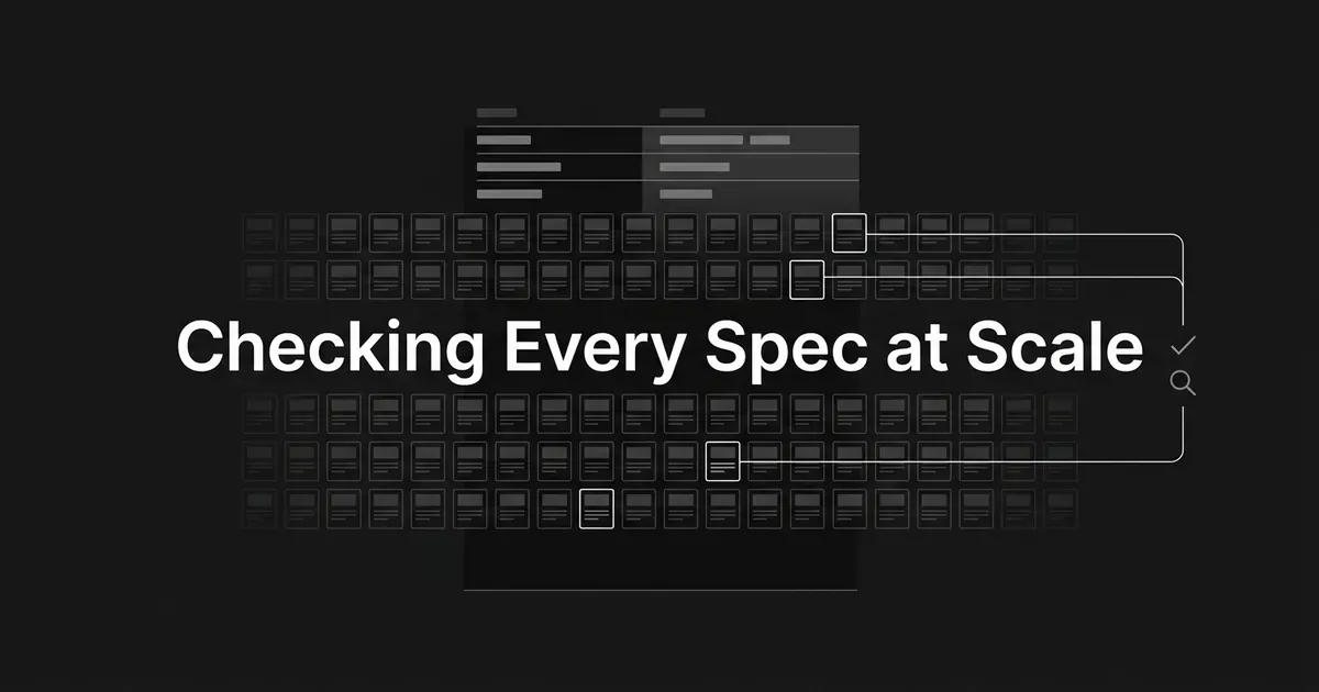 A dense monochrome grid of small catalog cards with a few outlined in white and linked to a checkmark and magnifier, behind the centered cover line Checking Every Spec at Scale.
