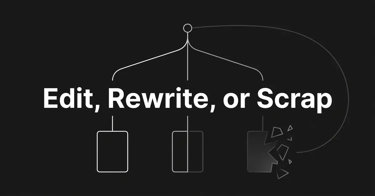 A monochrome cover showing the words Edit, Rewrite, or Scrap over a decision tree that branches from one node into three outcomes: an intact card, a partly rebuilt card, and a card breaking into fragments, with a loop returning to the top.