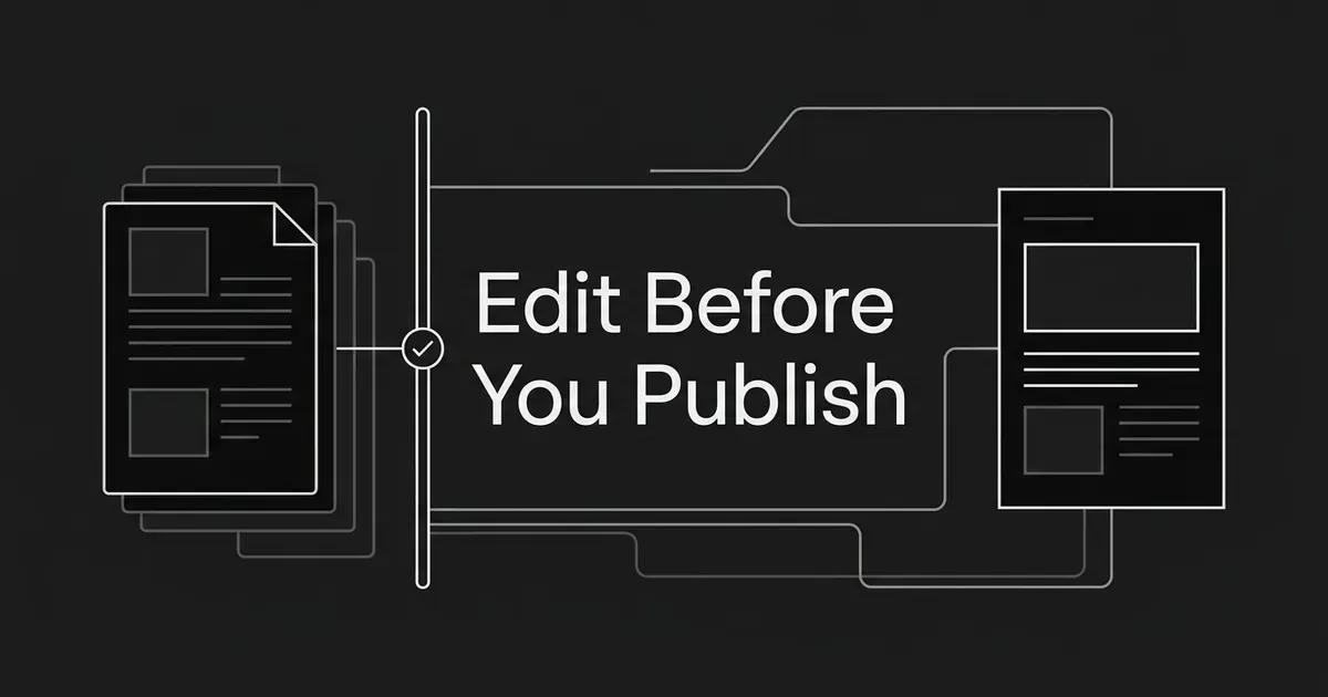 Charcoal cover with a stack of document cards passing through a vertical checkpoint gate toward a finished page, with the line Edit Before You Publish at the center.