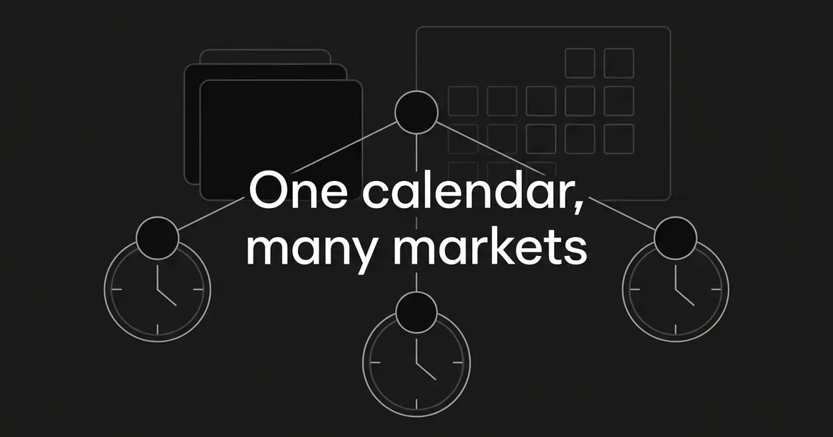A single central node branches by thin lines to three clock faces, with a calendar grid behind them and the words One calendar, many markets.