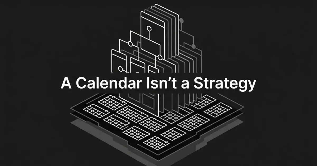 Abstract monochrome illustration of a flat calendar grid with a taller stack of connected cards rising above it, next to the text A Calendar Isn't a Strategy.