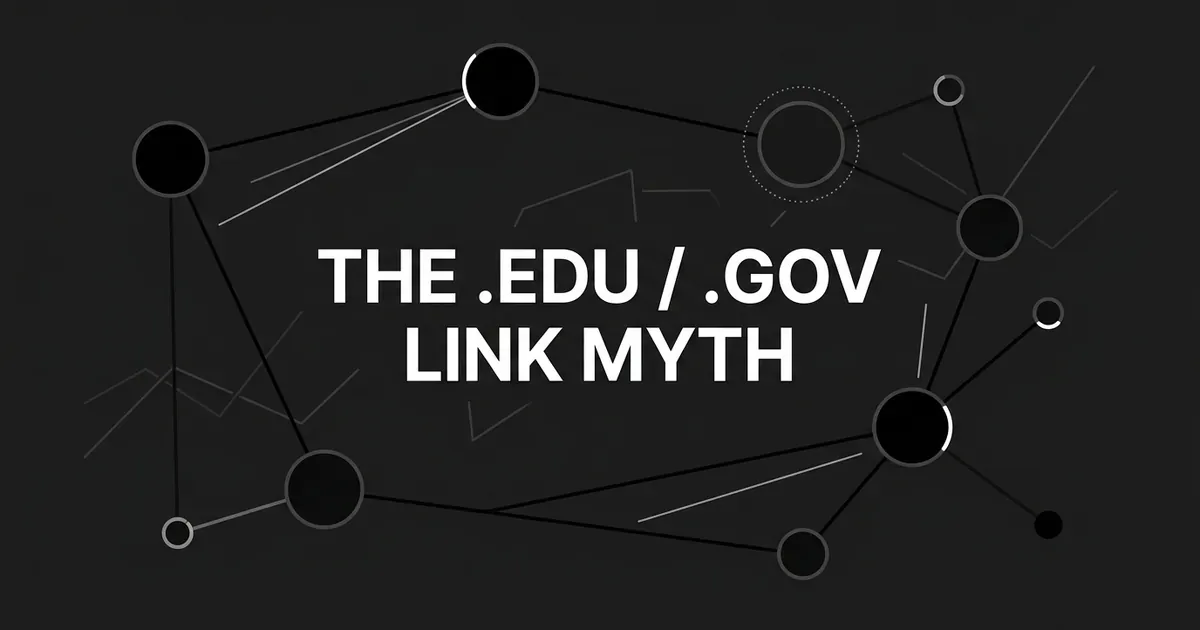 A monochrome network diagram of connected nodes, with one node circled by a faint dotted outline but drawn the same plain size as the rest, next to the text The .edu / .gov Link Myth.