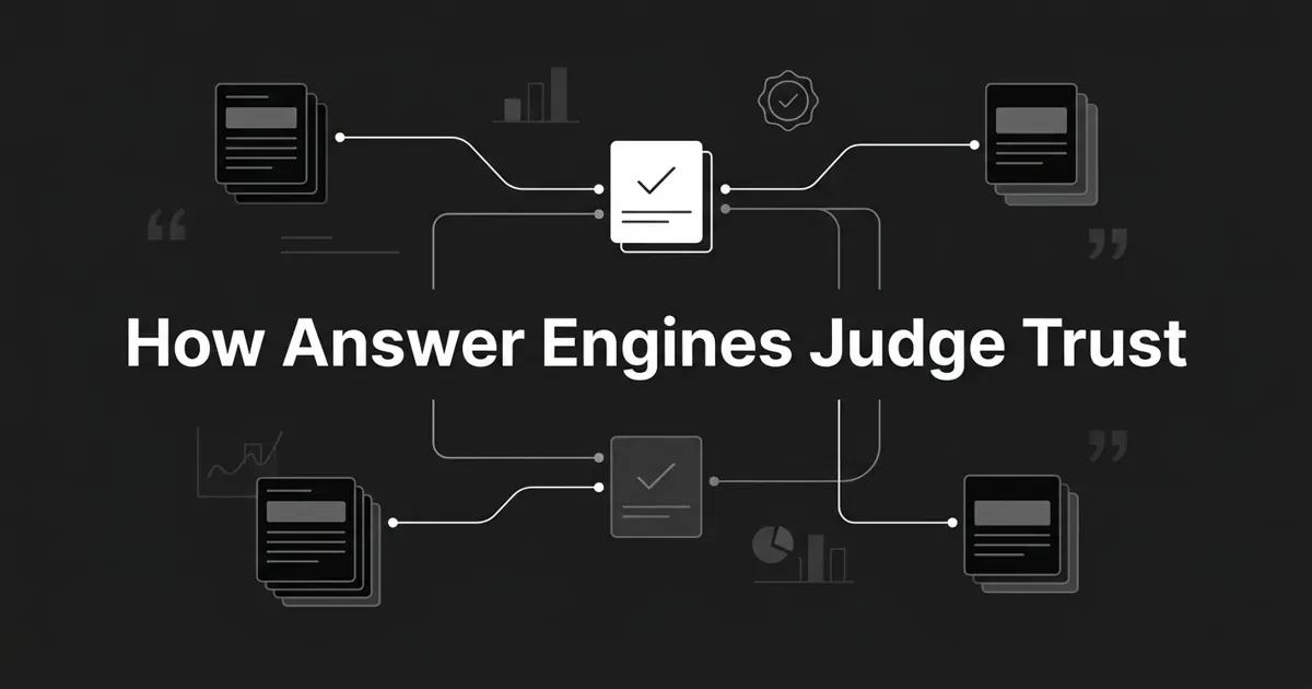 Monochrome diagram on a charcoal background where stacks of source documents connect by thin lines into two check-marked cards, with a trust seal and chart fragments behind the centered white cover line 'How Answer Engines Judge Trust'.