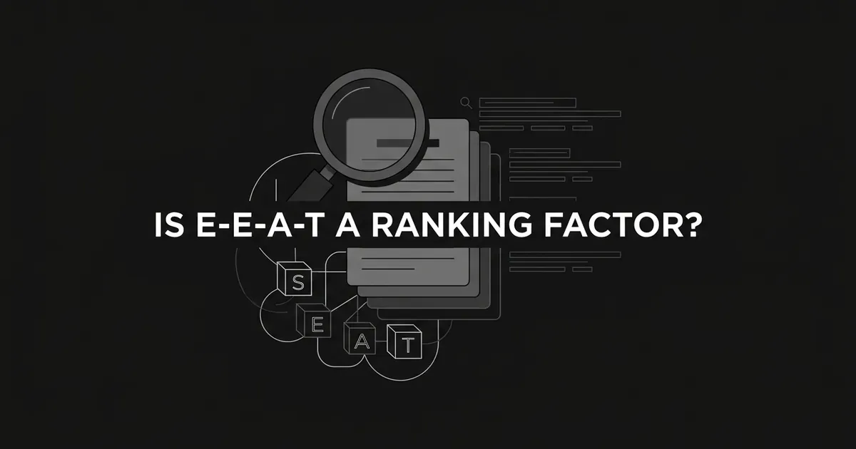 Monochrome illustration of a magnifying glass over a stack of document cards next to outlined cube blocks and faint search-result lines, with the white text Is E-E-A-T a ranking factor centered on a charcoal background.