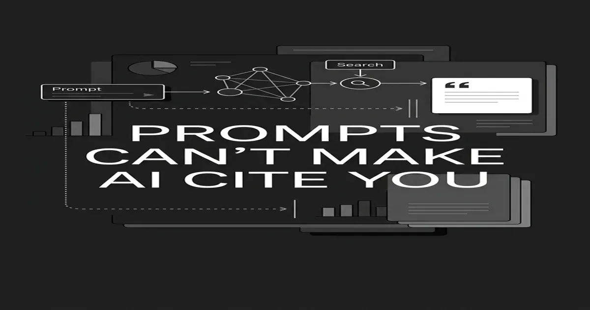 Monochrome flat-vector cover showing a prompt input box with a dotted arrow blocked by a barrier before it reaches an AI answer card with a citation mark, under the white cover line 'Prompts Can't Make AI Cite You'.