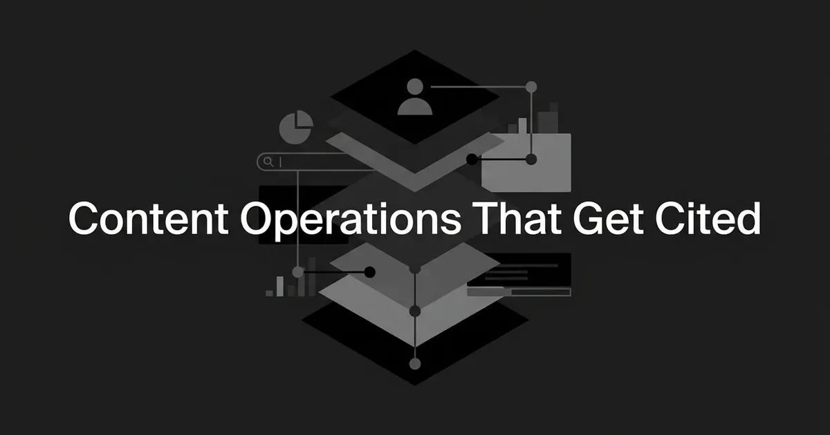 An abstract monochrome diagram of stacked, linked layers with a person icon, a search bar, and chart fragments connected by nodes, with the white headline Content Operations That Get Cited centered on a charcoal background.