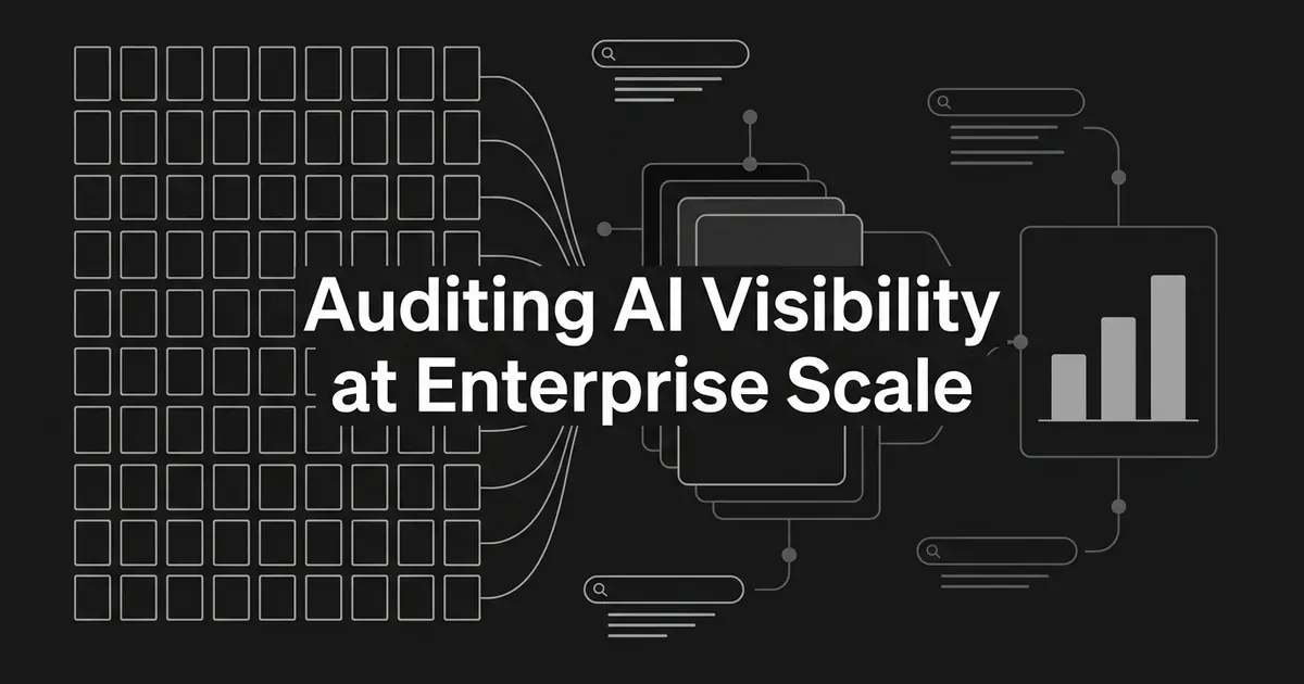 A monochrome cover reading Auditing AI Visibility at Enterprise Scale, with a dense grid of small page shapes flowing through layered brand and market cards into a single panel holding a three-bar chart.
