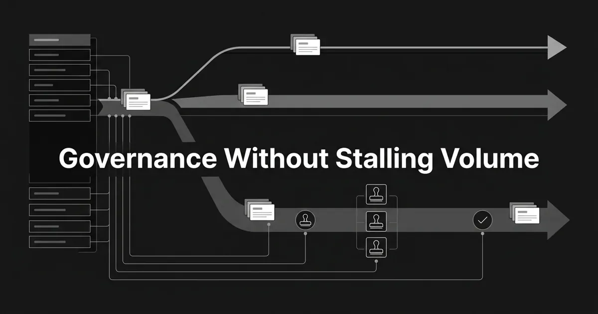 Monochrome diagram on charcoal showing one content pipeline splitting into three review lanes of increasing weight, the heaviest passing through approval stamps and a final check, with a side column of record rows wired back to the lanes, behind the white cover line Governance Without Stalling Volume.