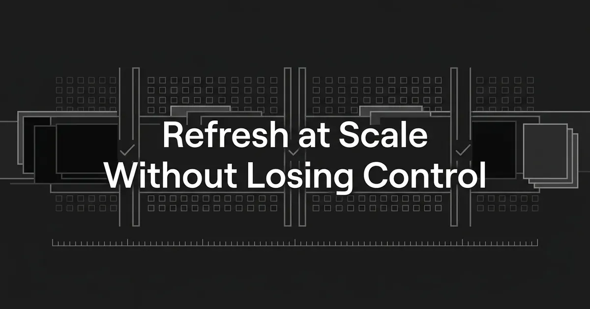 A monochrome illustration shows layered page cards moving left to right through three check-marked approval gates above an audit timeline, under the cover line Refresh at Scale Without Losing Control.