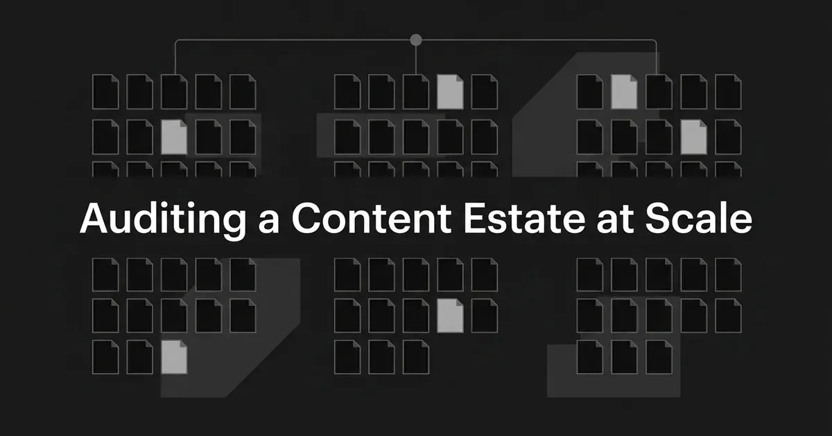 A monochrome cover showing a large grid of dark page cards in six clusters, a handful picked out in lighter grey as flagged pages, with thin connector lines running up to a single node above, under the white cover line Auditing a Content Estate at Scale.
