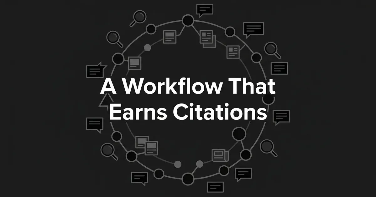 A monochrome illustration of a circular loop connecting document, chat-bubble, and search-icon nodes, with the cover line 'A Workflow That Earns Citations' centered inside the loop.