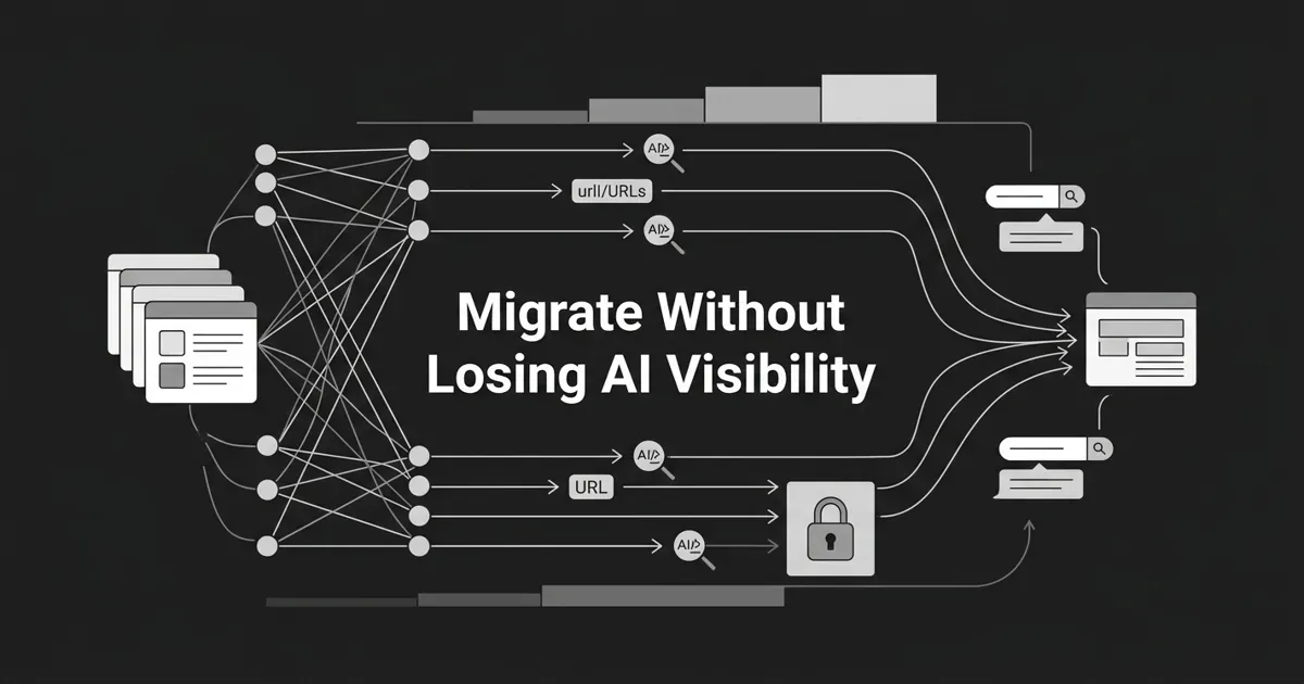 Monochrome abstract diagram of many URL nodes routing through single-hop redirect arrows into a consolidated new site structure, with layered property cards, a staged-rollout progression, and a lock marking isolated staging, under the cover line Migrate Without Losing AI Visibility.