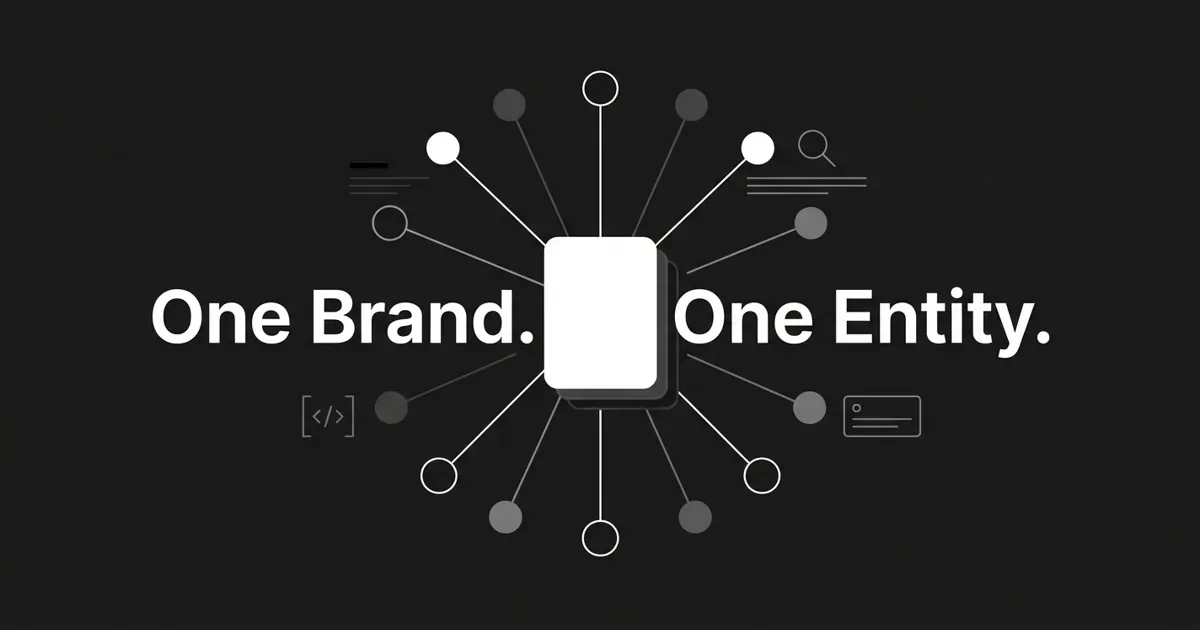 Monochrome knowledge-graph illustration with a single white central node linked to surrounding profile nodes, beside the cover line One Brand. One Entity.