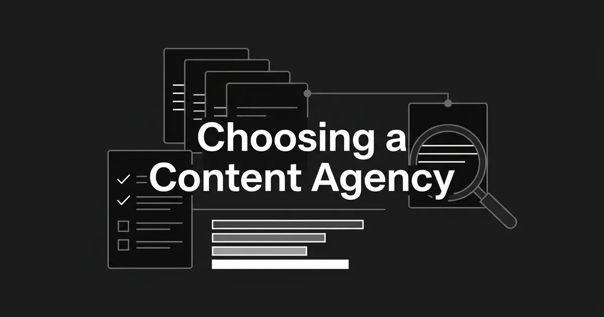 A monochrome illustration of stacked proposal cards, a checklist, a scorecard bar chart, and a magnifying glass over one card, behind the words Choosing a Content Agency.