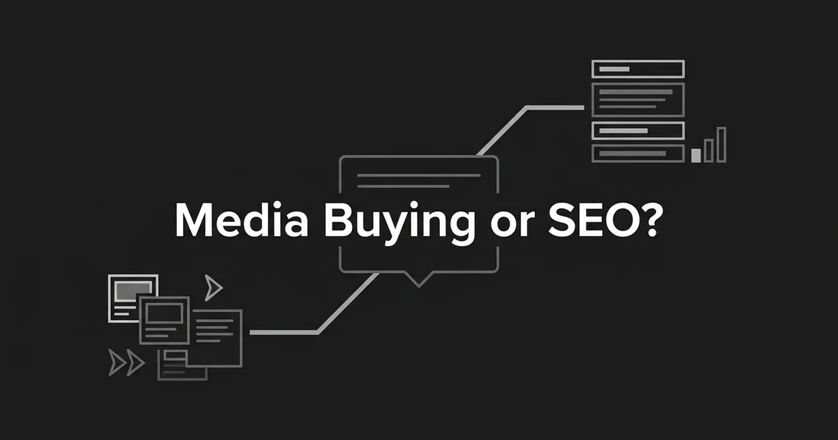 Dark monochrome cover reading Media Buying or SEO?, with a central answer card branching to a cluster of layered ad-style cards on one side and a stack of search result bars with a small bar chart on the other.