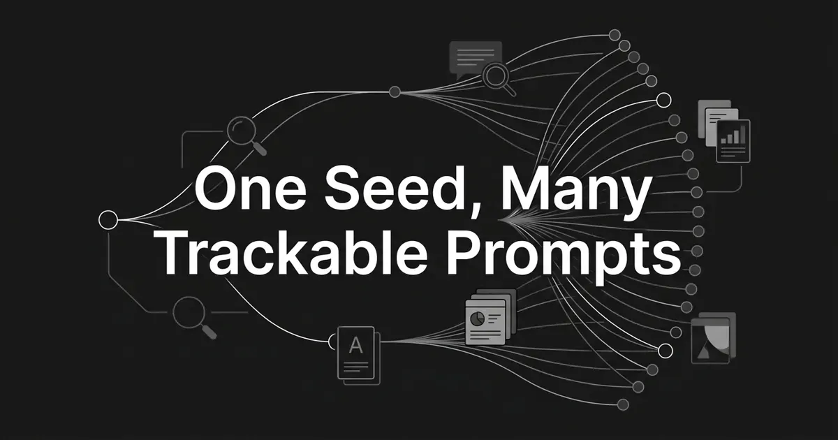 A monochrome abstract diagram of one origin node branching through connection lines into a fan of many smaller nodes, with the centered white cover line "One Seed, Many Trackable Prompts" on a charcoal background.