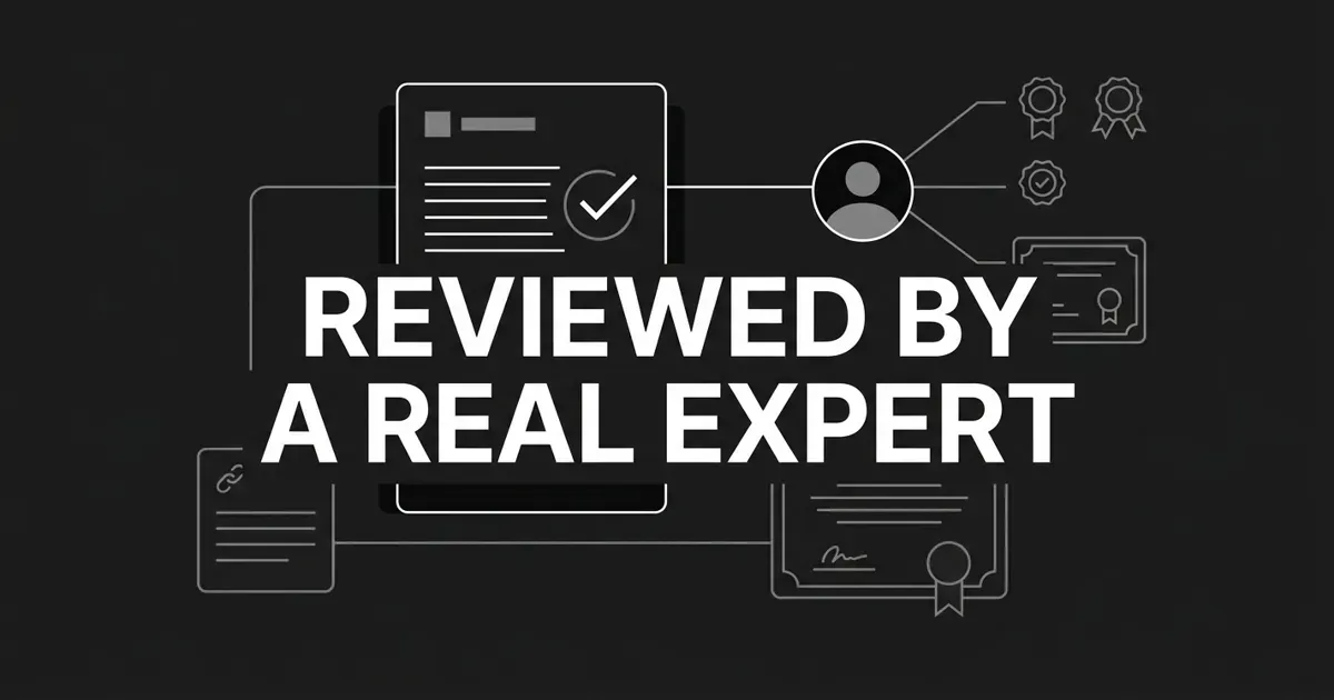 Monochrome flat-vector illustration of a reviewed article card with a checkmark, connected by lines to a person icon, credential badges, and certificates, under the centered white cover line 'Reviewed by a real expert'.