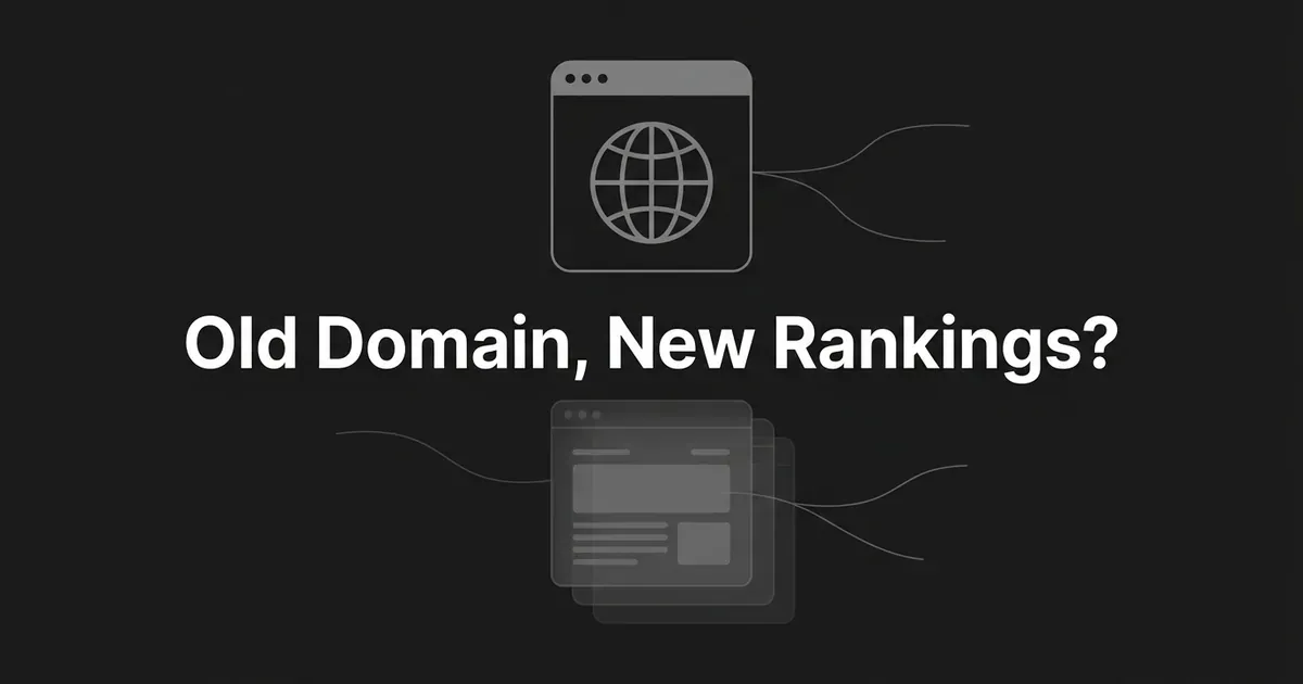 A monochrome illustration of a browser window with a globe icon connected by thin lines to a faded, disconnected stack of older browser windows below it, with the text Old Domain, New Rankings on a charcoal background.