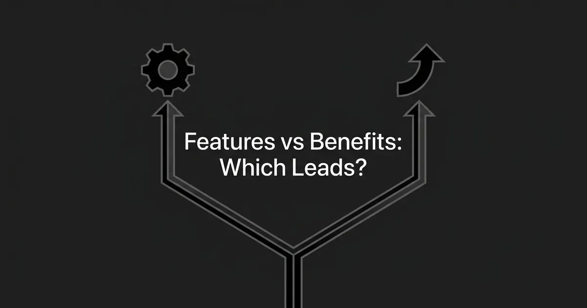 A single path forks into two directions: one leading up to a gear icon representing a product feature, the other to a rising arrow representing a customer benefit, illustrating the choice of which should lead a piece of content.