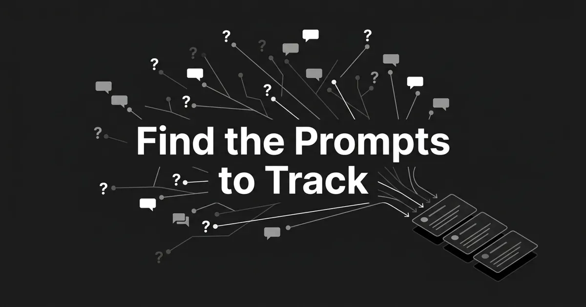 Monochrome abstract cover showing scattered question-prompt nodes funneling into a short shortlist of cards, with the white cover line "Find the Prompts to Track" on a charcoal background.
