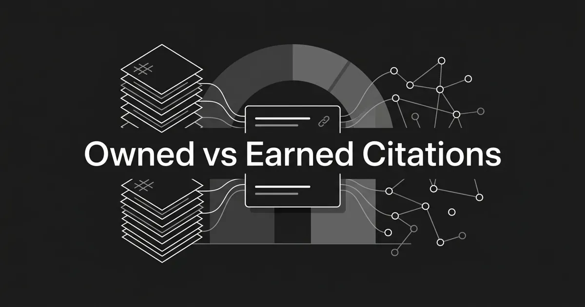 Monochrome abstract diagram of stacked owned pages on the left and a scattered network of independent sources on the right, both feeding a central answer card with a link icon, under the cover line Owned vs Earned Citations.
