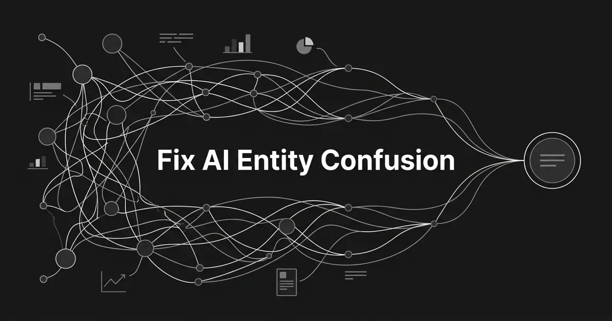 Monochrome abstract diagram of many tangled brand and subdomain nodes on a charcoal background resolving into one clean, authoritative entity node, with the white cover line Fix AI Entity Confusion.