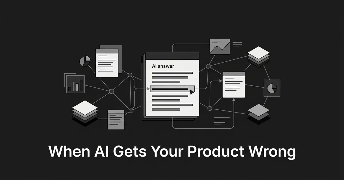 A monochrome abstract-geometric cover on a charcoal background showing an AI answer card with a flagged wrong feature line re-linked by connection nodes to corrected source cards, under the centered white cover line "When AI Gets Your Product Wrong".