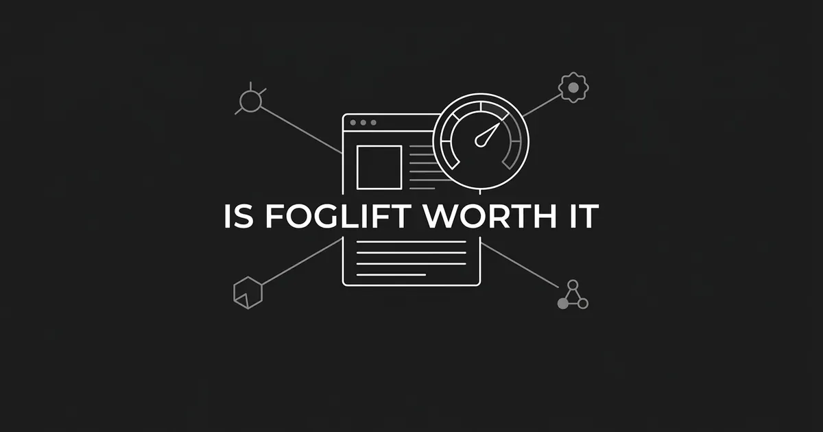 A monochrome illustration of a web page card with a readiness gauge and lines connecting it to small abstract nodes, with the text Is Foglift Worth It.