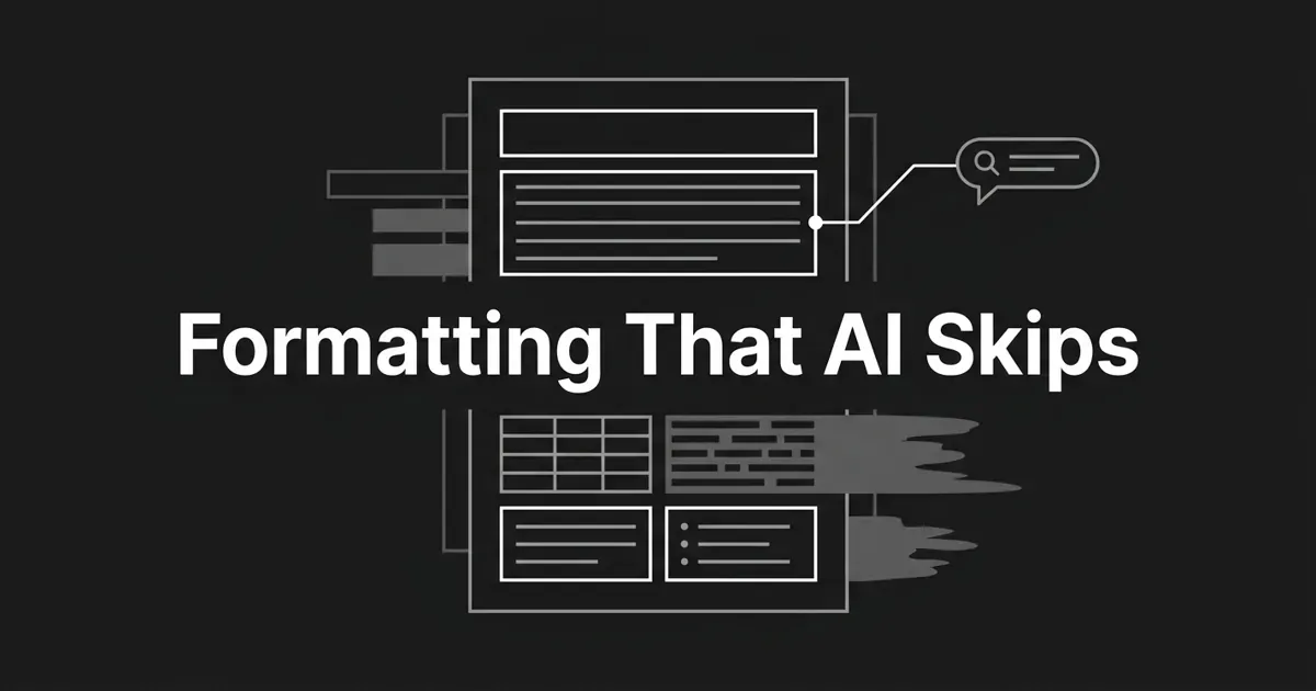 Monochrome line illustration of a document page whose crisp, well-structured blocks connect out to a search bubble while its dense gray paragraphs dissolve into a smear, under the cover line Formatting That AI Skips.