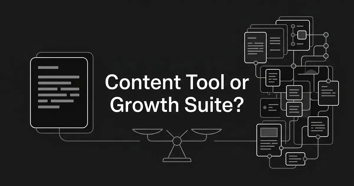 A charcoal line illustration of a single document card on the left and a connected cluster of cards and nodes on the right, balanced on a scale around the words Content Tool or Growth Suite.