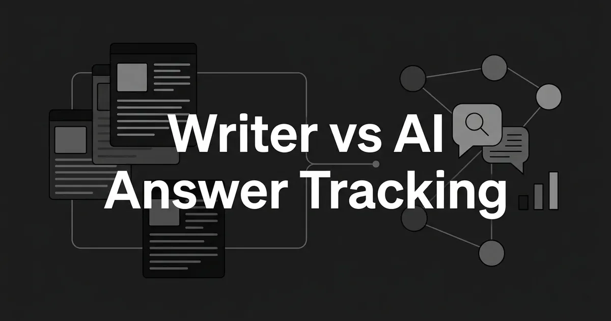 Dark monochrome cover with the line Writer vs AI Answer Tracking, between a stack of article cards on the left and a network of nodes with a search bubble and bar chart on the right.