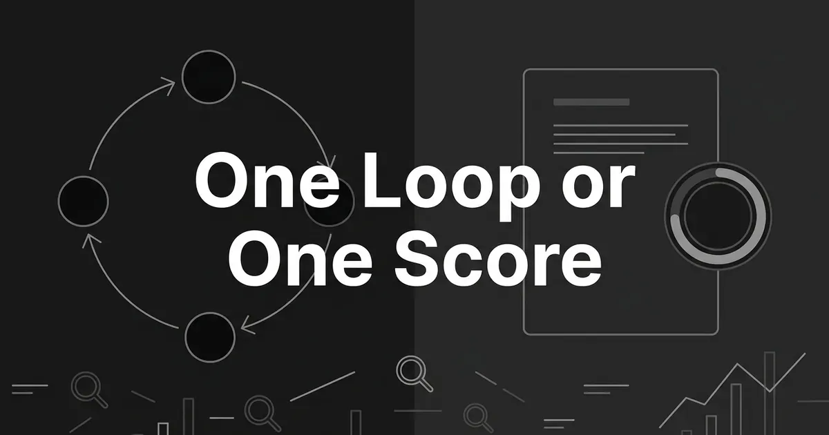 Monochrome abstract cover split between a closed loop of connected nodes on the left and a single graded document with a circular score ring on the right, under the centered white cover line One Loop or One Score.