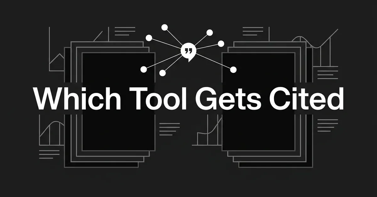 A monochrome illustration weighs two equal stacks of content panels either side of a central quotation mark fed by connected source nodes, under the cover line Which Tool Gets Cited.