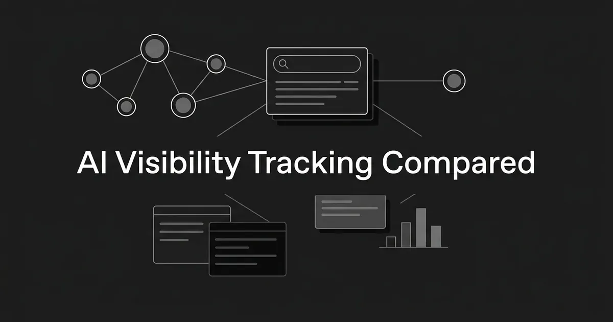 Dark monochrome cover with a cluster of connected nodes, a search answer card, layered cards and a small bar chart around the line AI Visibility Tracking Compared.