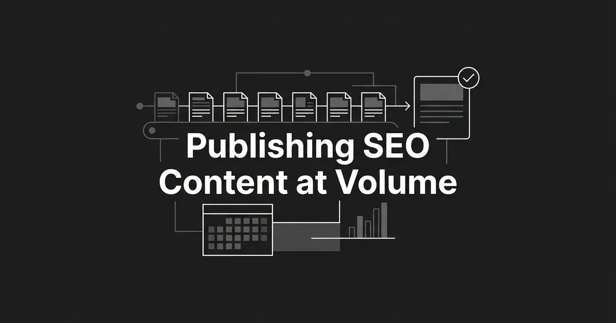 A row of article cards moves along a connected pipeline toward a checked, completed document, with a calendar and a small rising bar chart underneath, illustrating a scheduled system for publishing SEO content at volume.