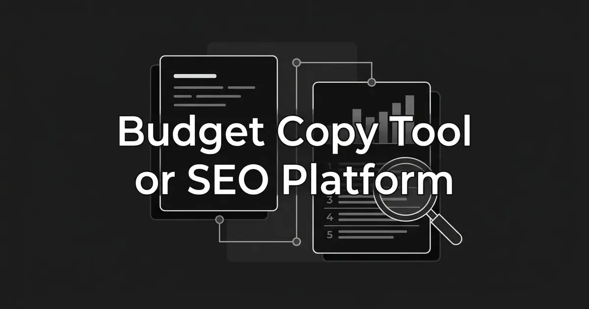 A dark cover reading Budget Copy Tool or SEO Platform, over two layered cards, one holding short text lines and the other a bar chart and a magnifying glass over a ranked list.