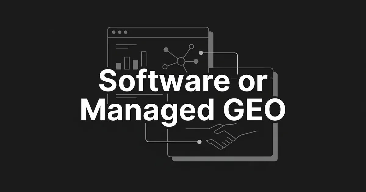 Monochrome cover showing a dashboard card linked to a second card with a handshake outline, under the words Software or Managed GEO.