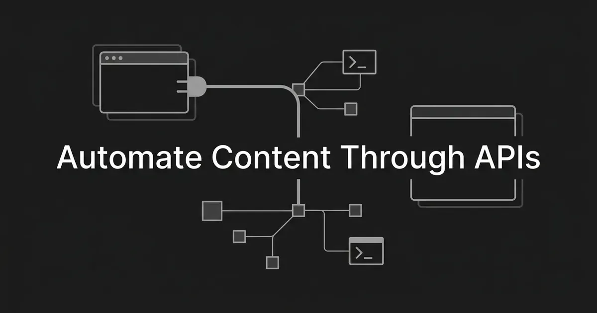 Abstract monochrome diagram of an app window connected by a plug and branching lines to small nodes and terminal shapes, under the cover line Automate Content Through APIs.