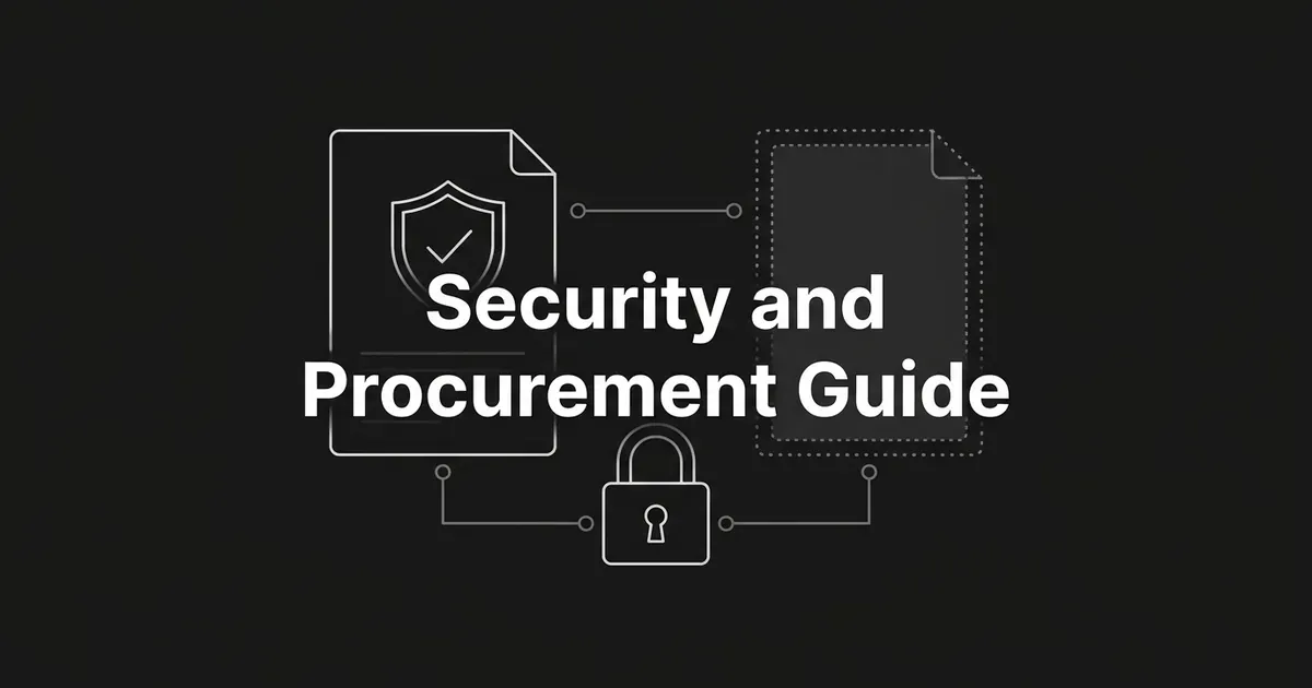 Monochrome illustration of a document card with a shield and checkmark beside a blank dotted document card, joined to a padlock, under the text Security and Procurement Guide.