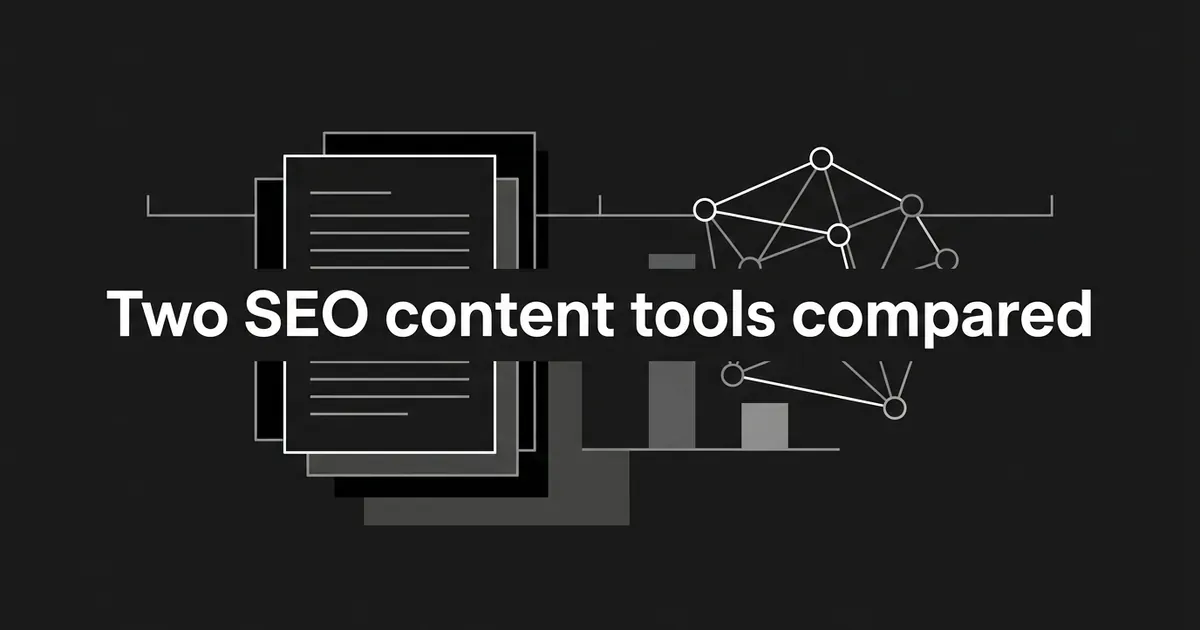 A monochrome illustration in which a stack of document pages sits opposite a network of connected nodes and bar fragments, beneath the line Two SEO content tools compared.