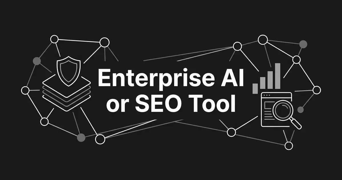 Monochrome cover with the line Enterprise AI or SEO Tool between a shield over stacked cards on the left and a bar chart with a magnifying glass over a page on the right, joined by network lines.