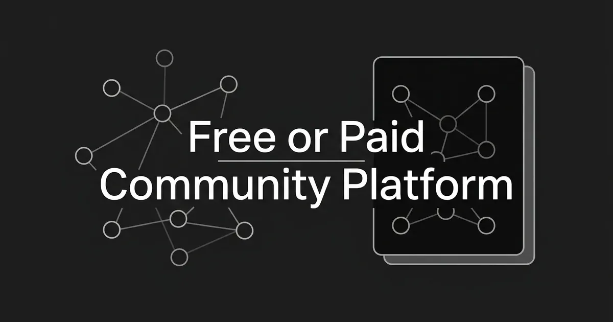 Monochrome cover with the words Free or Paid Community Platform, between a loose network of connected nodes on the left and a framed, layered card holding a tidy node cluster on the right.