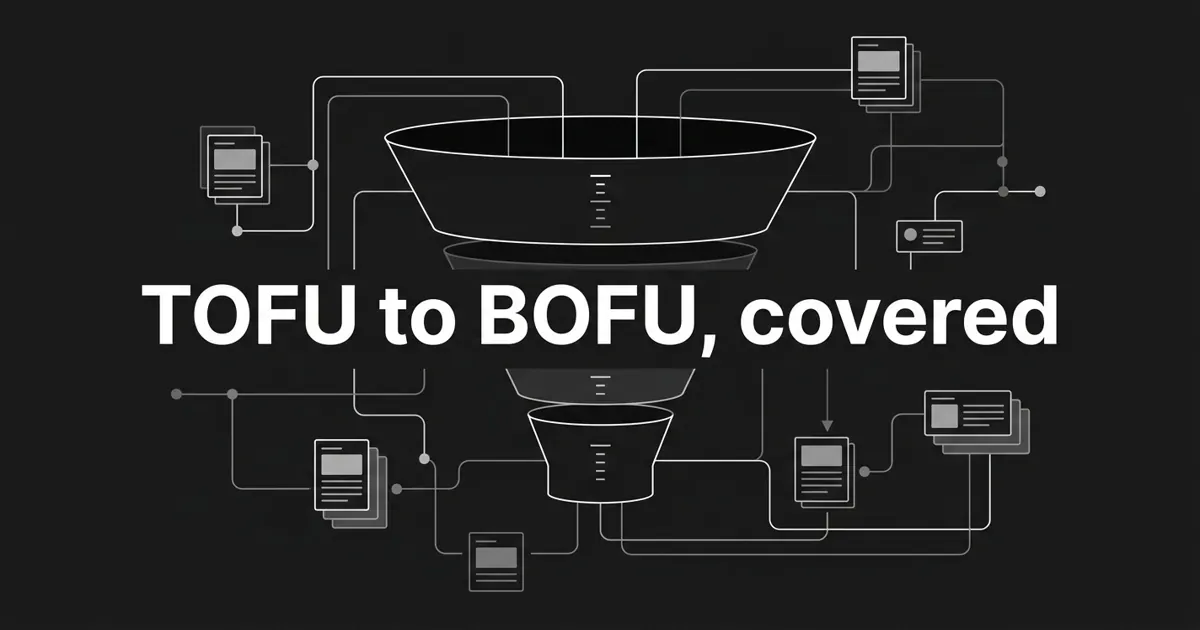 Monochrome line illustration of a three-tier funnel on a charcoal background, with content cards and connection lines feeding into each tier, under the white cover line "TOFU to BOFU, covered".