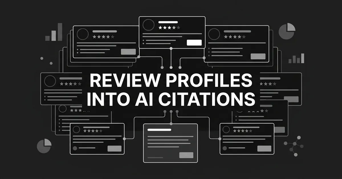 A monochrome charcoal cover showing white-outlined review profile cards with star ratings and feature rows, connected by thin lines and nodes into a central answer panel, with the centered white cover line REVIEW PROFILES INTO AI CITATIONS.