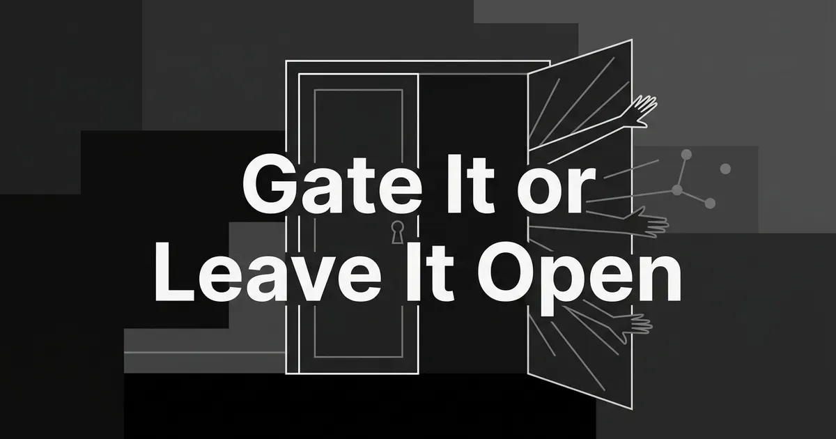Line drawing of a double door with one closed, keyholed panel and one open panel with hands and connected nodes reaching outward, under the cover line Gate It or Leave It Open.