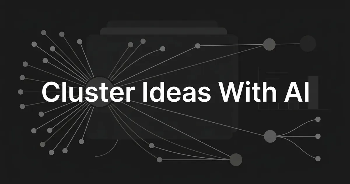 A monochrome abstract cover showing a central node fanning connection lines out to many smaller satellite nodes that converge again on the right, behind the white cover line Cluster Ideas With AI.