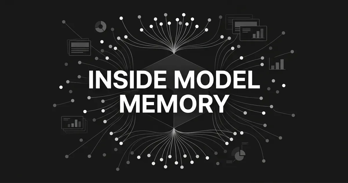Monochrome geometric illustration of scattered white and gray source nodes converging along thin lines into a dark central core, with the cover line Inside Model Memory in white.