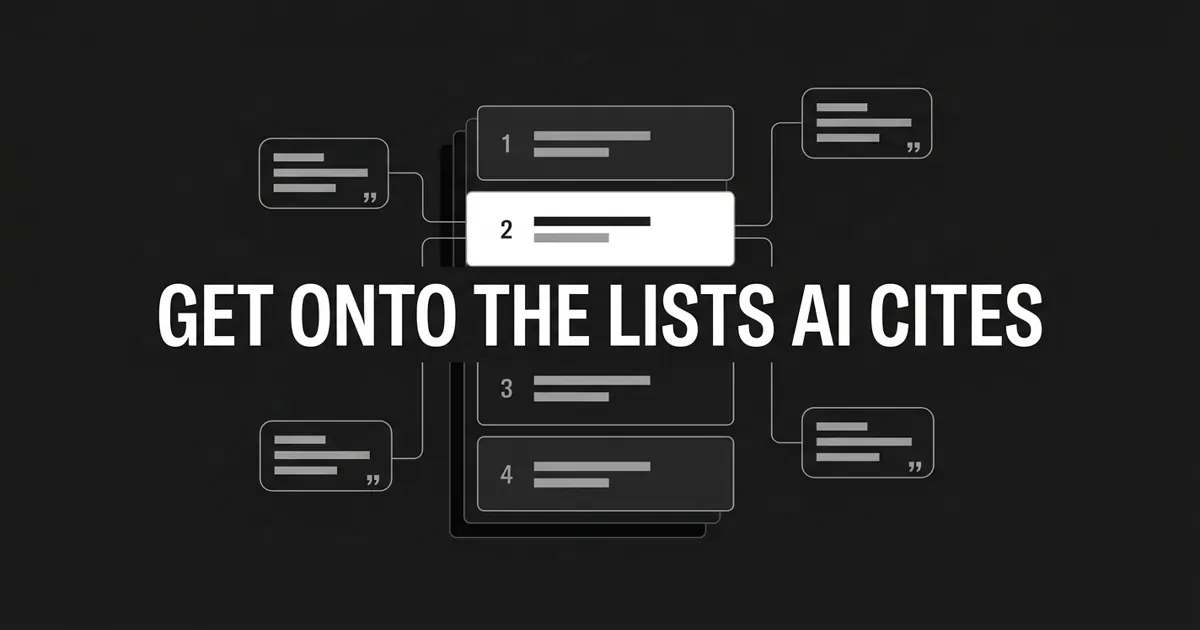 Monochrome illustration of a numbered ranking list with one entry highlighted in white, connected by thin lines to surrounding AI answer panels, under the cover line Get Onto The Lists AI Cites.